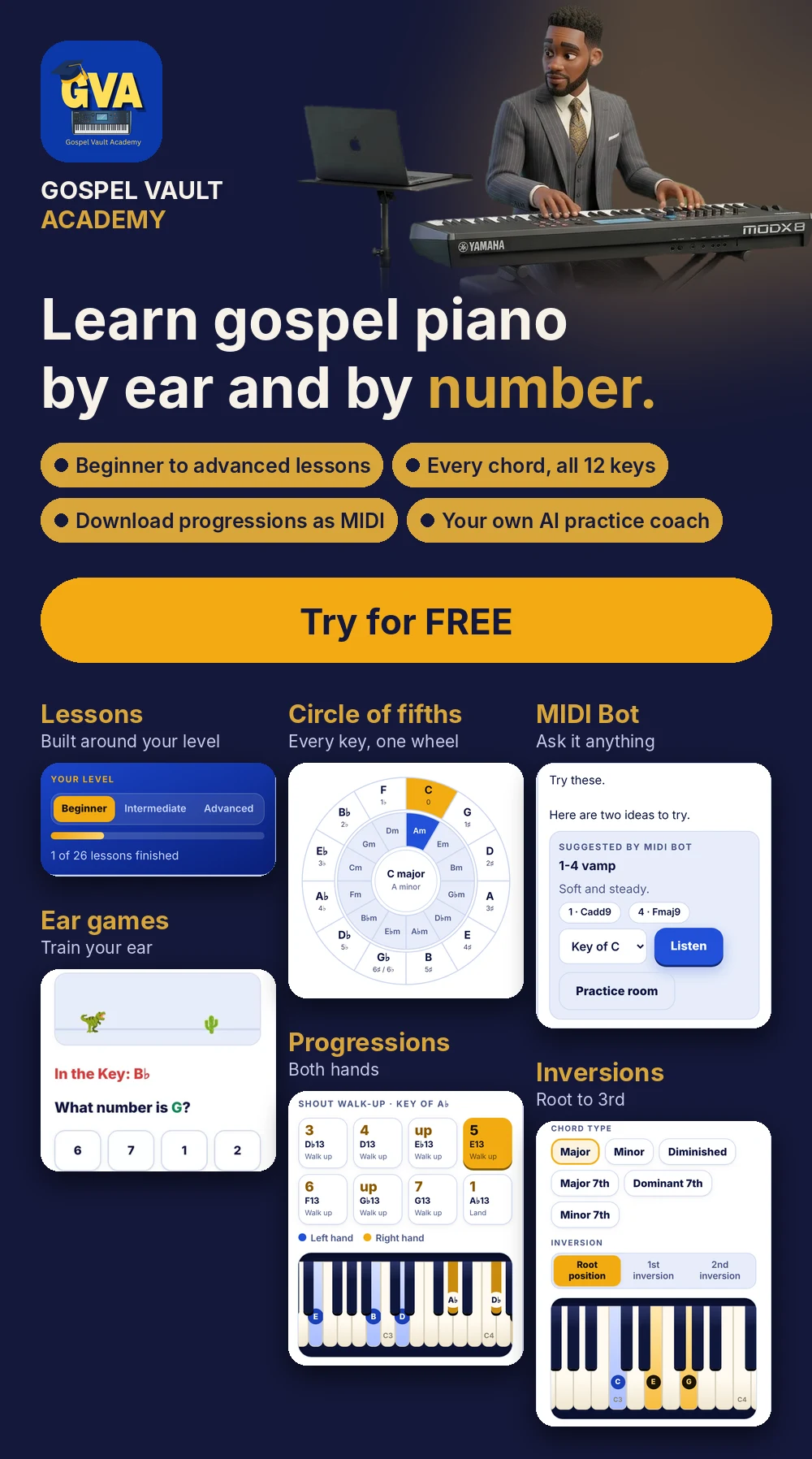 Gospel Vault Academy: learn gospel piano by ear and by number, with lessons, the circle of fifths, inversions, progressions, ear games and the MIDI Bot